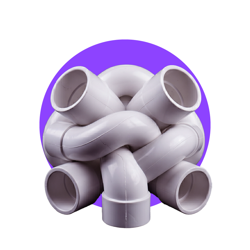 PVC pipe fittings, alongside the text 'From Hardware to heart-ware' and a purple background. 