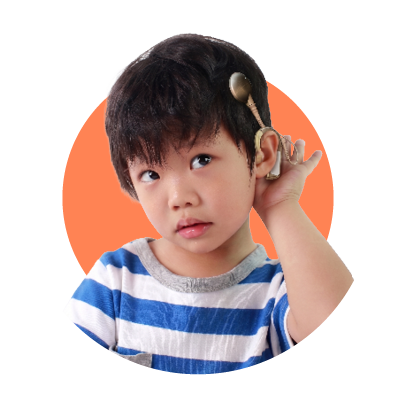 Child in profile wearing a hearing aid on an orange background.